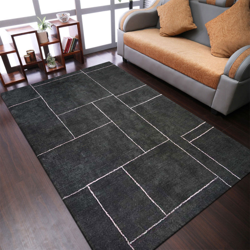 HAND KNOTTED LOOM SILK ECO-FRIENDLY AREA RUG-Rectangle,Charcoal Beige,Geometric