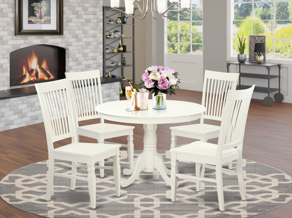 5 Pc Set With A Round Dinette Table And 4 Wood Dinette Chairs In Linen White