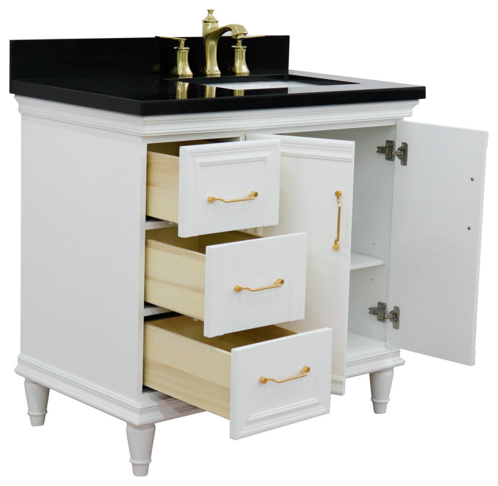 37" Single Vanity, White Finish With Black Galaxy
