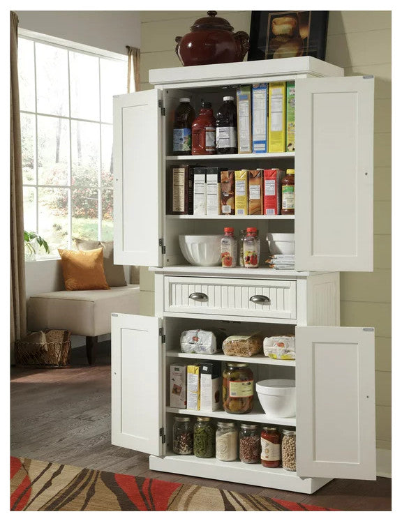 Tall Pantry Cabinet, 4 Doors & Large Drawer With Grooved Front Accent, Off White