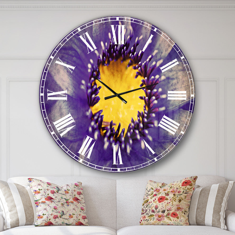 Blue Lotus Close Up Watercolor Flowers Round Metal Wall Clock, 36x36