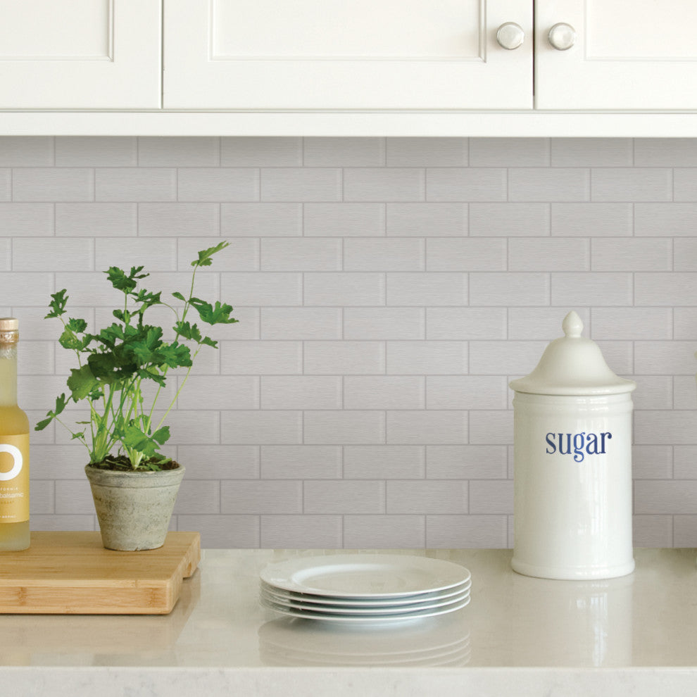 Metro Brushed Silver Peel & Stick Backsplash Tiles, Panel