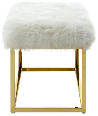 Astraea Faux Fur Metal Frame Ottoman Bench, White/Gold