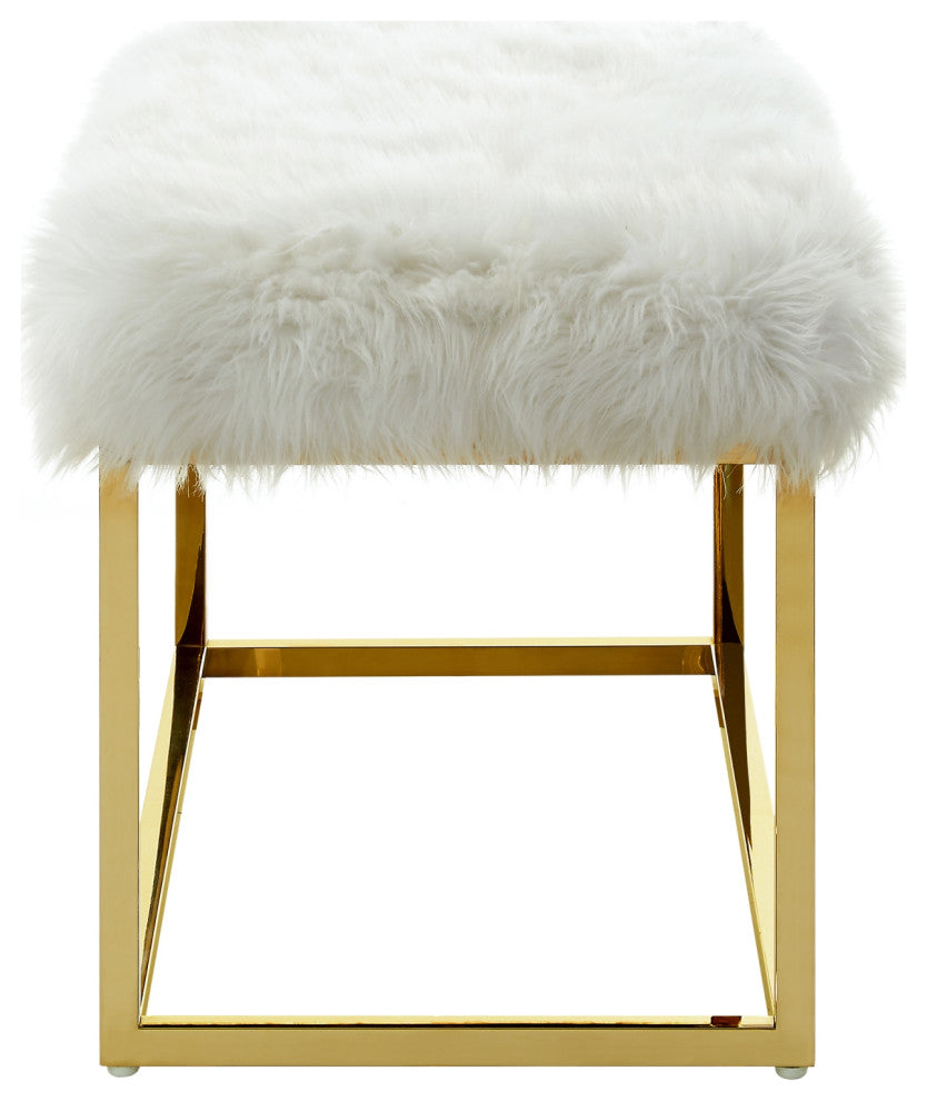 Astraea Faux Fur Metal Frame Ottoman Bench, White/Gold