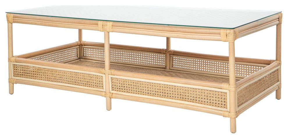 Rattan Cane Rectangular 2-Tier Shelf Coffee Table Glass Top