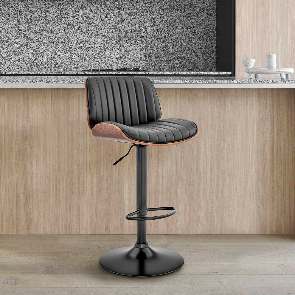 Brock Adjustable Black Faux Leather and Walnut Wood Bar Stool With Black Base