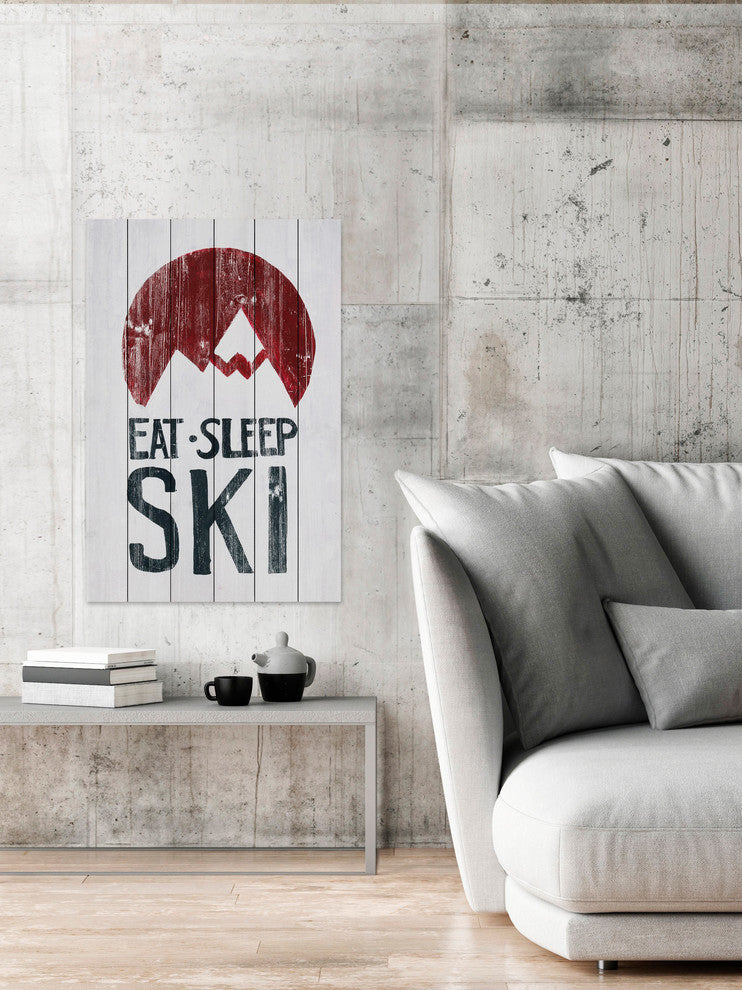 "Eat Sleep Ski Mountains" Painting Print on White Wood, 12"x18"