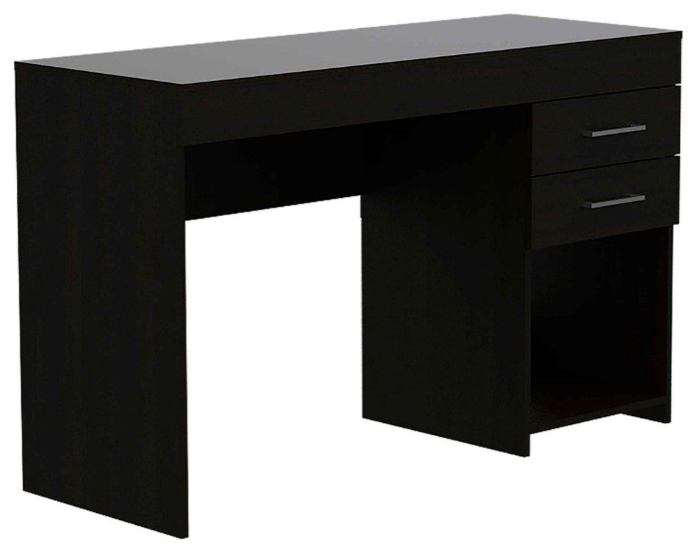 Austin Computer Desk with 2 Drawers, 1 Open Shelf, and Metal Handles, Black