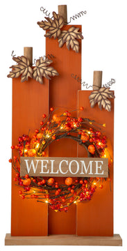 30"H Fall Lighted Wooden Pumpkin Decor WithWreath