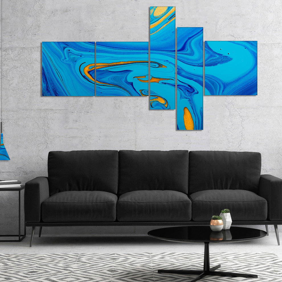 Light Blue Abstract Acrylic Paint Mix, Abstract Art on Canvas, 60"x32", 5 panels