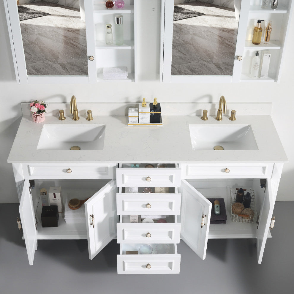 Solid Wood Bathroom Vanity with Quartz Top and cUPC Certified Sink, White, 72 Inch