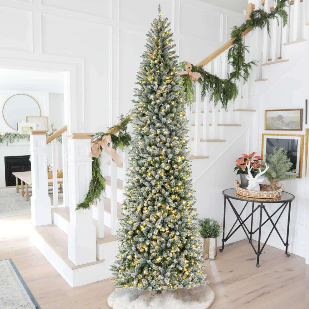 11' Pre-Lit Flocked Pencil Fir Artificial Christmas Tree with 950 White Light