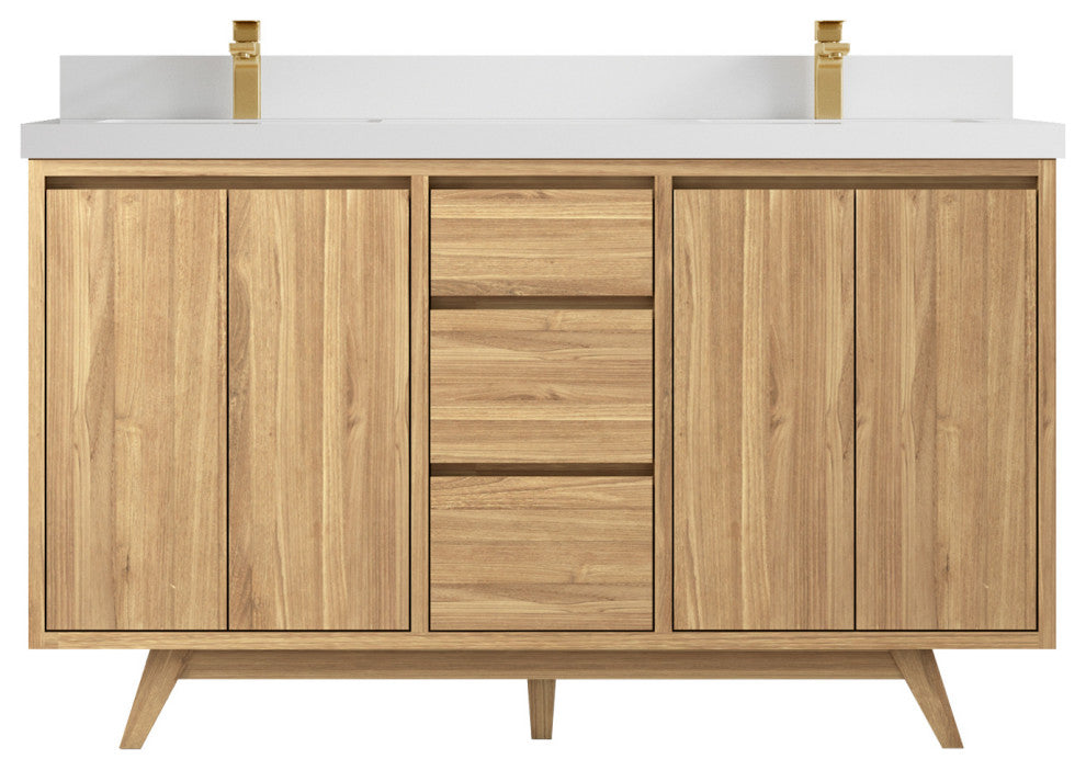 Madison Teak 60 Double Bathroom Vanity in Light Natural 2" White Quartz