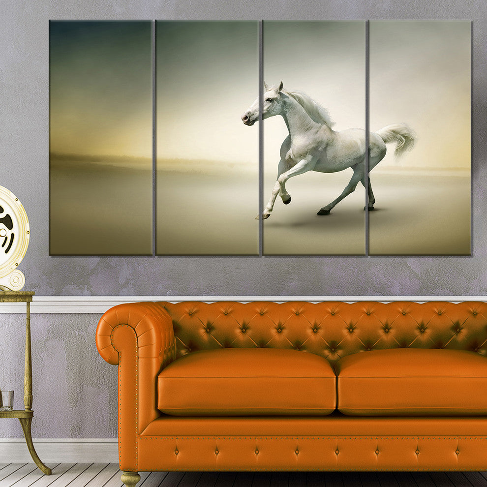 White Horse in Motion, Animal Canvas Art Print, 48"x28", 4 Panels