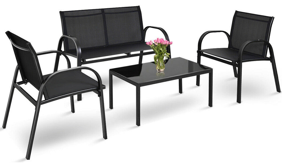 Costway 4 PCS Patio Furniture Set Sofa Coffee Table Steel Frame Garden Black