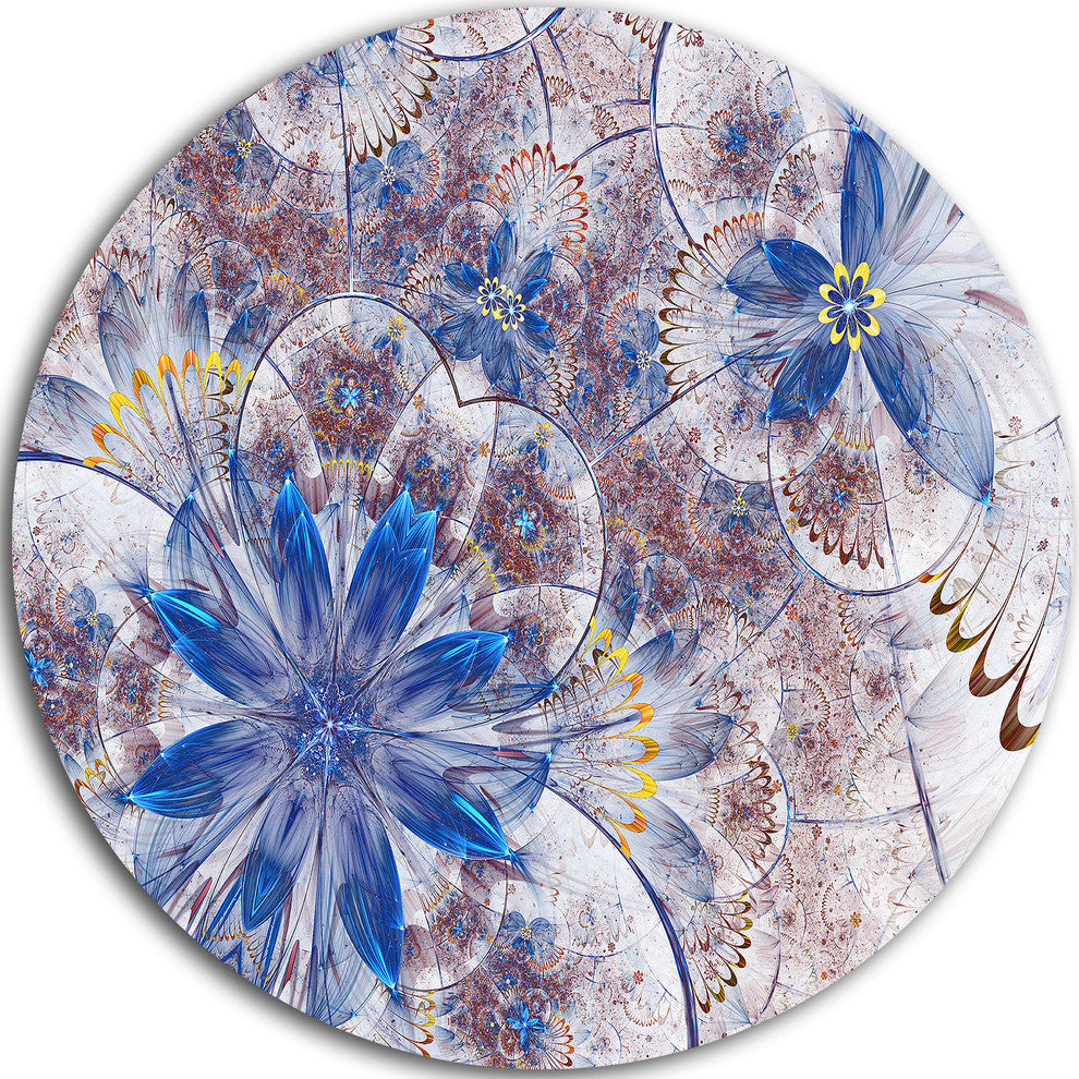Blue Brown Grungy Floral Shapes, Floral Large Disc Metal Wall Art, 11"
