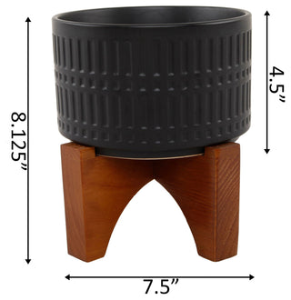 7" Roman Ceramic With Wood Stand, Matte Black