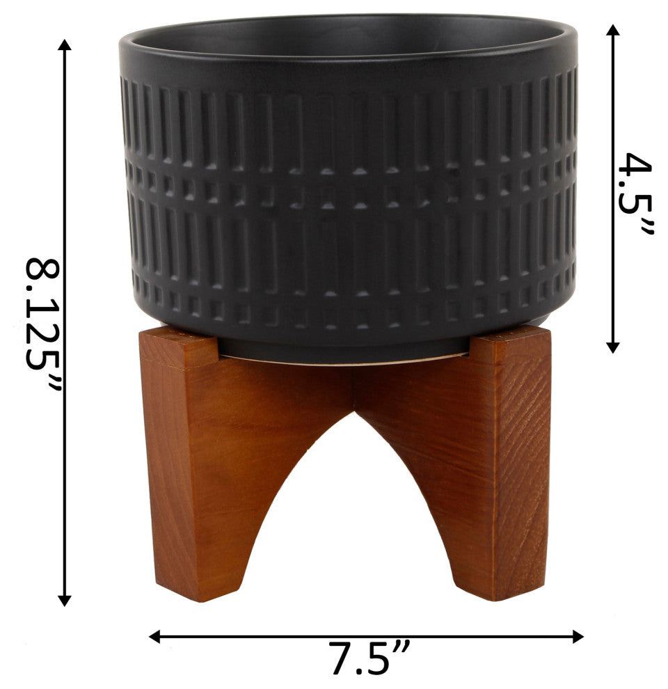 7" Roman Ceramic With Wood Stand, Matte Black