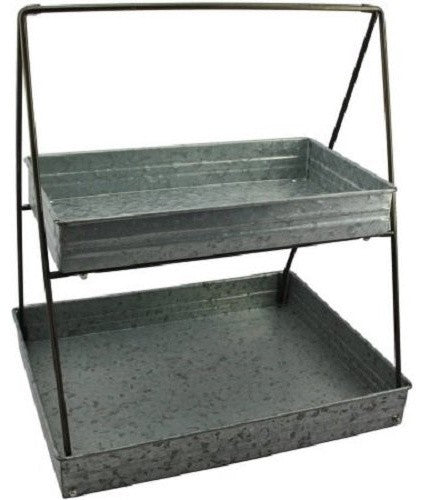 Galvanized Metal 2 Tiered Rectangular Serving Tray, Gray