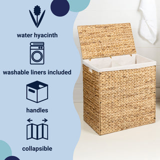 Sawyer Handwoven Hyacinth 2-Section Collapsible Laundry Hamper, Washable Liner