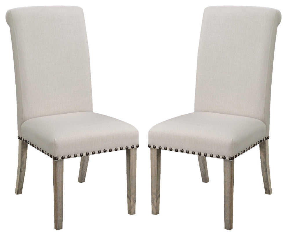 Set of 2 Dining Chairs with Nailhead Trim, Beige and Pine