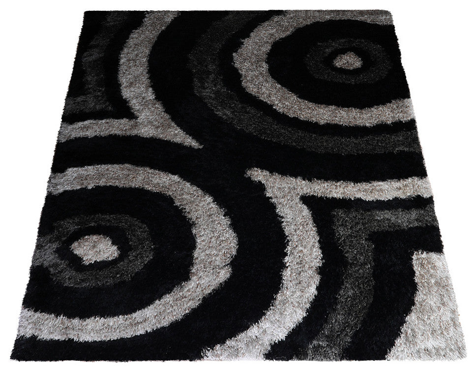 Hand Tufted Shag Polyester Area Rug Geometric Contemporary, Black Beige, [Rectangle] 4'x6'