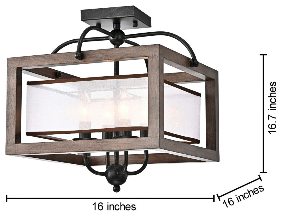 Nora Wood and Fabric Shade Cage Flush Mount Antique Black 4-light
