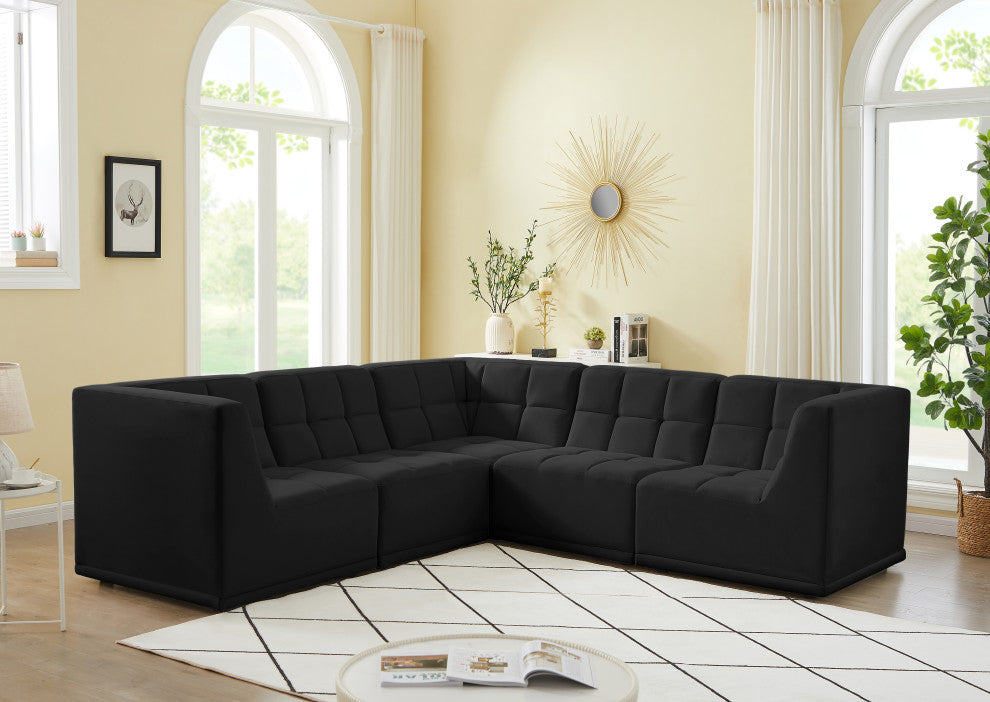 Relax Velvet Upholstered 5-Piece L-Shaped Modular Sectional, Black