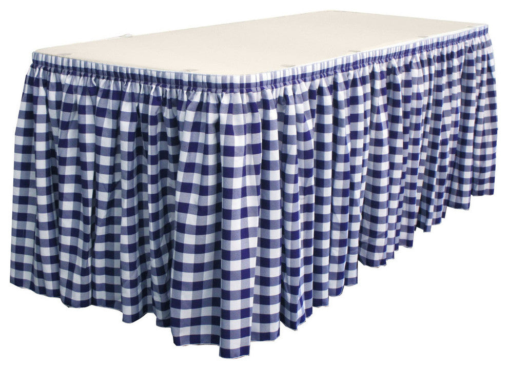 LA Linen Gingham Checkered Table Skirt, White and Navy, 168"x29"