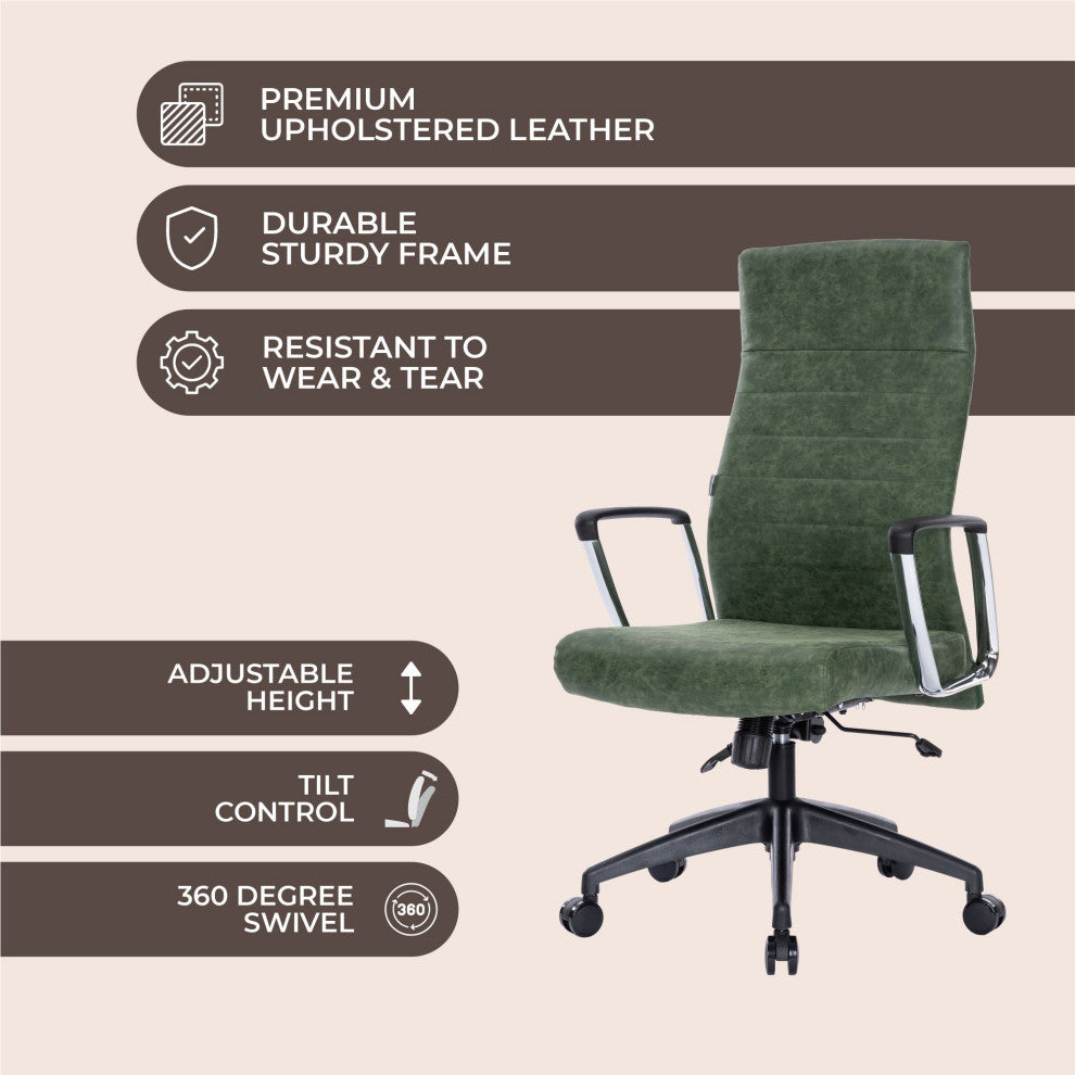 LeisureMod Hilton Modern High Back Leather Conference Office Chair, Green