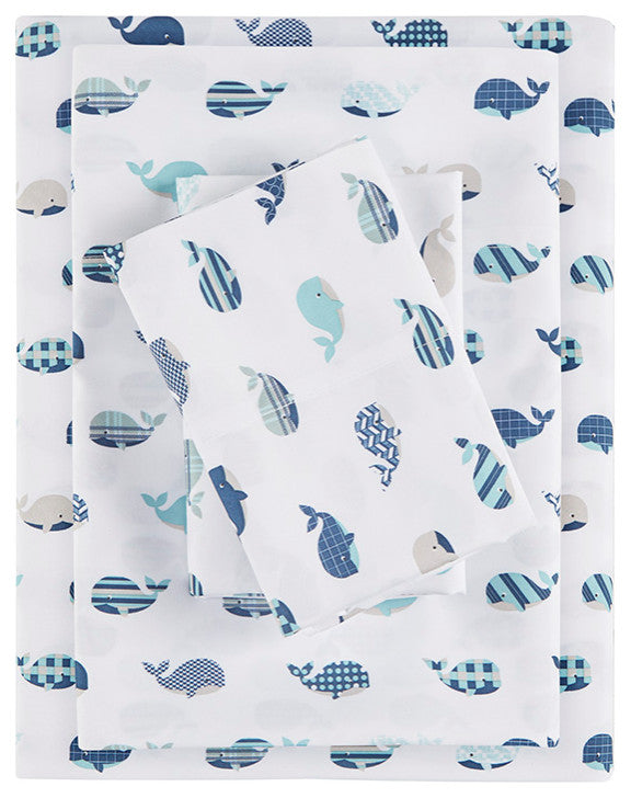 Mi Zone Printed Microfiber Sheet Set, Blue Whales