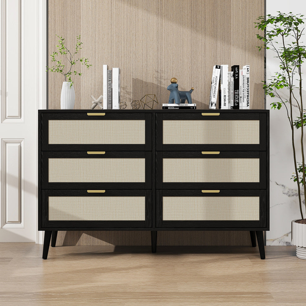 Modern 6 Drawer Dresser Wood Cabinet, Black
