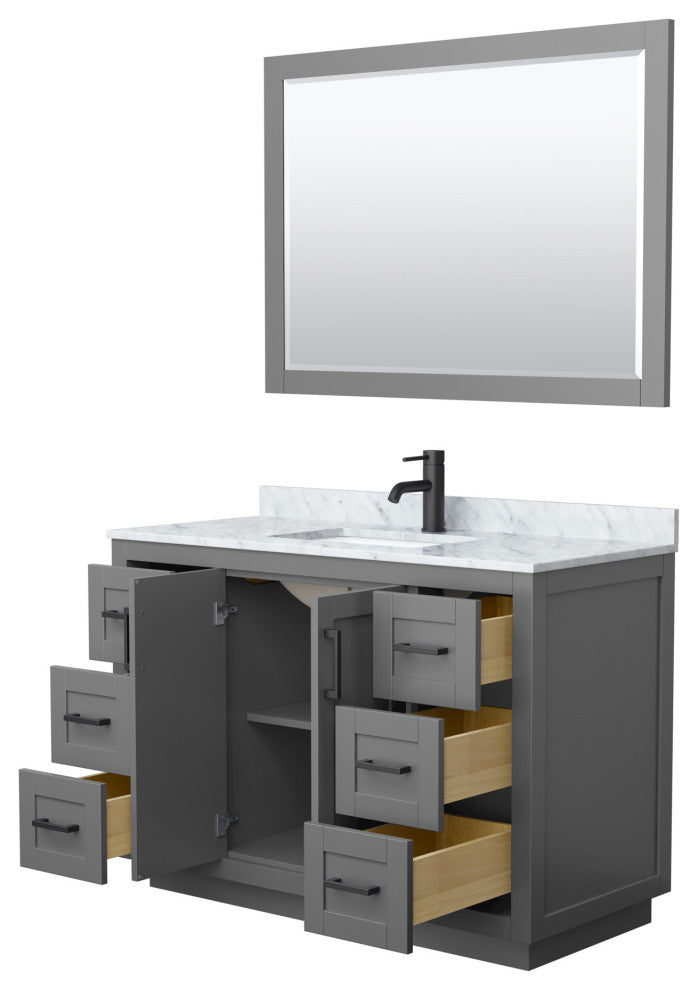 48"SGL Bathroom Vanity Dark Gray, Carrara Countertop, Sink, Black Trim,46"Mirror