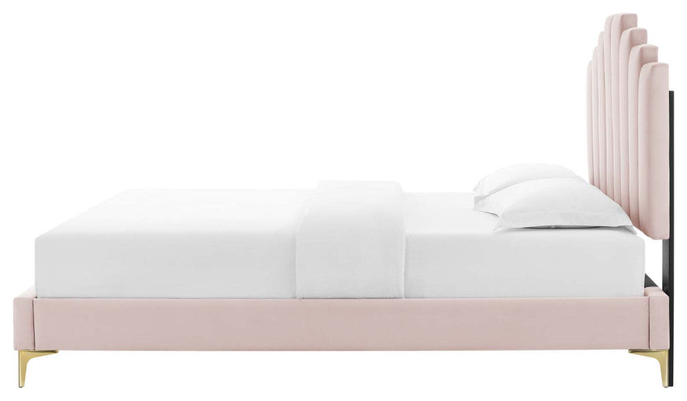 Platform Bed Frame, Queen Size, Velvet, Pink, Modern Contemporary, Bedroom