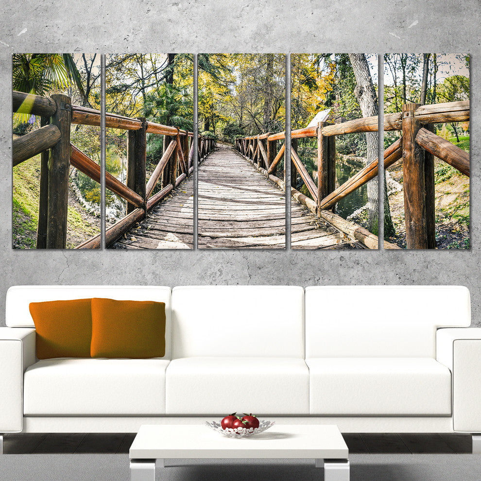 "Wooden Bridge in Forest" Wooden Sea Bridge Canvas Wall Art, 5 Panels, 60"x28"
