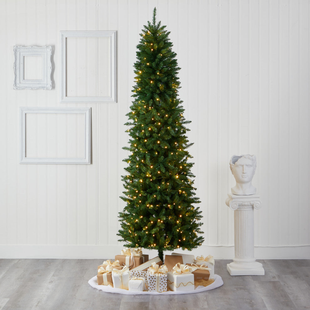 8' Slim Green Mountain Pine Artificial Christmas Tree With 400 Clear LED Lights