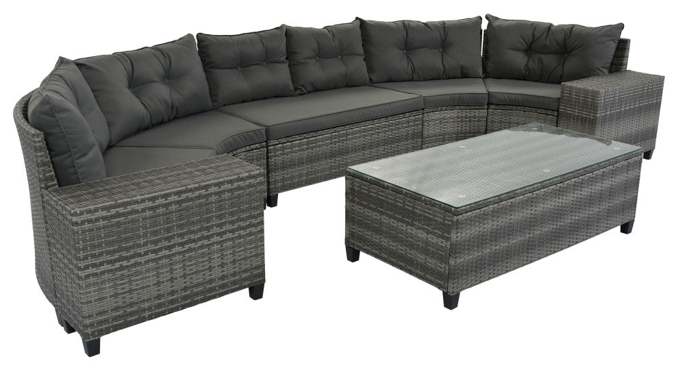 8 Pieces Outdoor Wicker Curved Patio Sectional with Coffee Table and Cushions, Gray