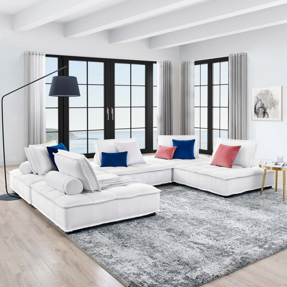 Modular Deep Tufted Sectional Sofa Set, White, Fabric, Modern, Cafe Hospitality