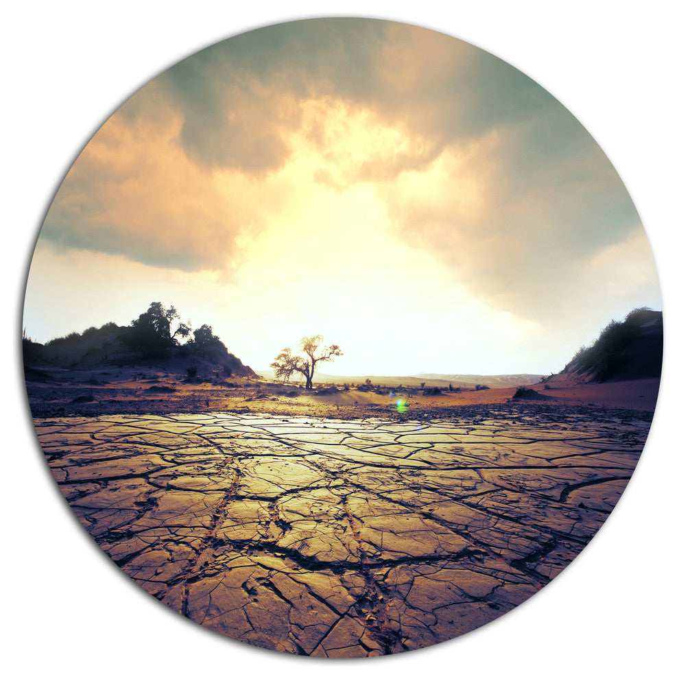 Cracked Drought Land With Sunshine, Landscape Round Metal Wall Art, 11"