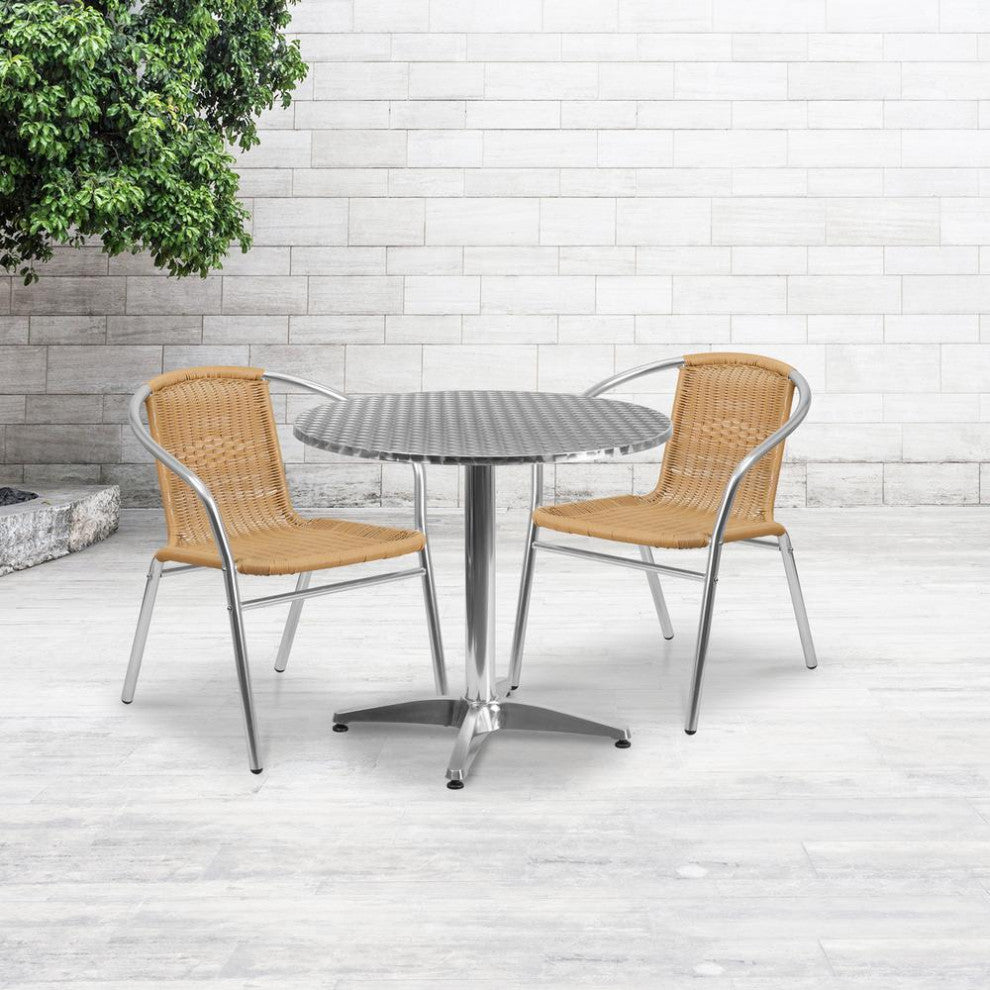 31.5" Round Aluminum Indoor Outdoor Table With 2 Beige Rattan Chairs