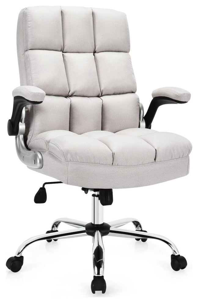 Modern Office Chair, Extra Padded Square Tufted Seat With Flip Up Arms, Beige