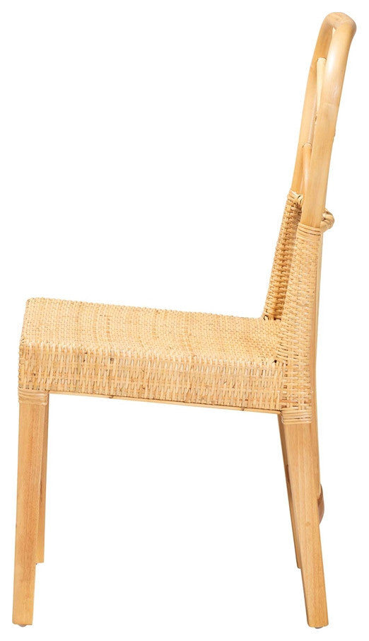 Modern Bohemian Oak Brown Finished Wood Natural Rattan Dining Chair
