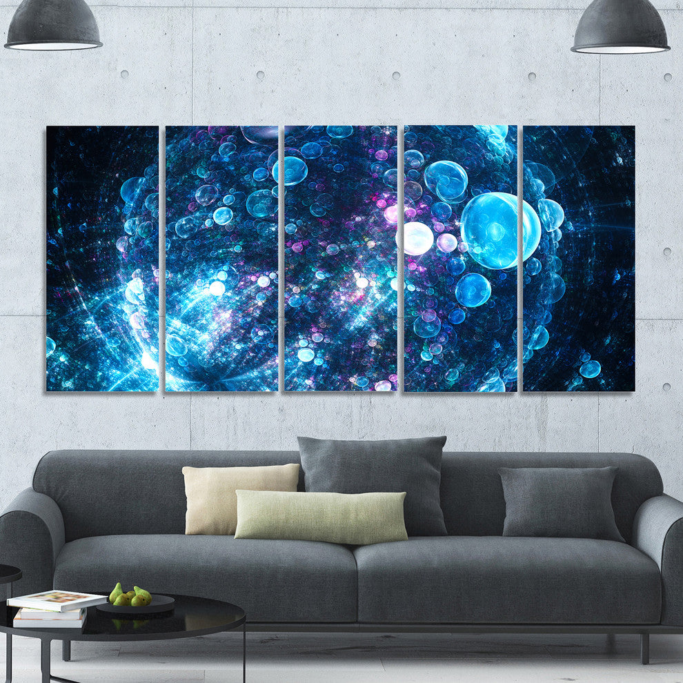Blue Spherical Planet Bubbles, Abstract Canvas Art Print, 60"x28", 5 Panels