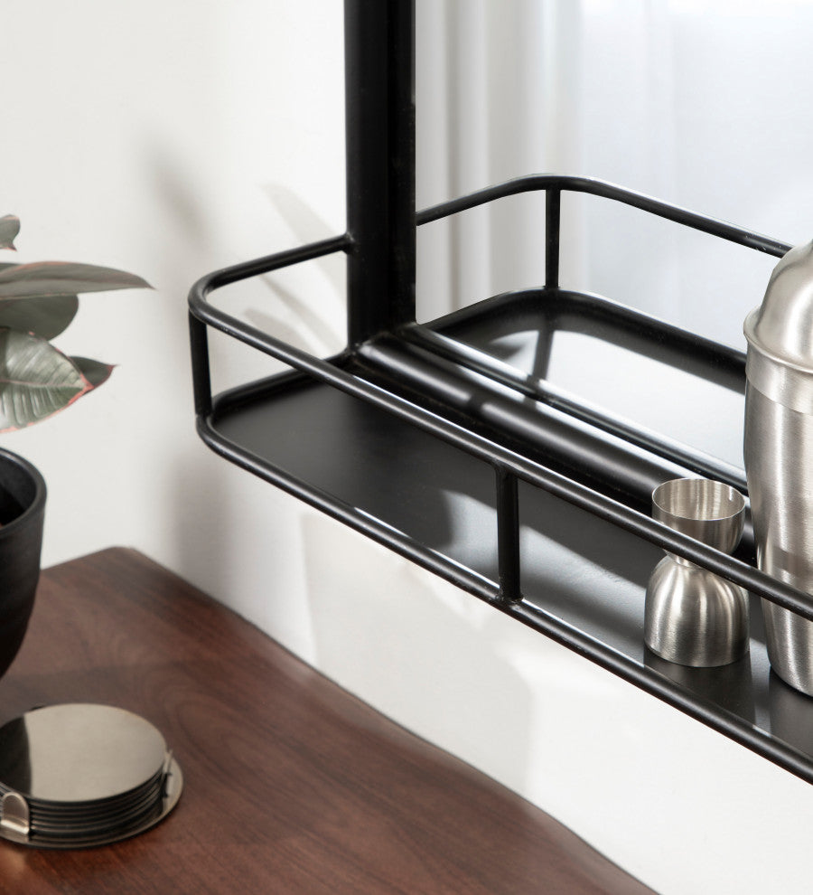 Estero Metal Framed Radius Rectangle Wall Mirror With Shelf, Black 18x30