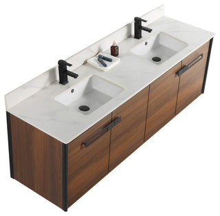 Oakville Wall Mount Bathroom Vanity, Walnut Ebony, 72", Black Hardware