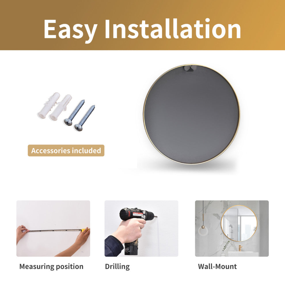 Easly Aluminum Alloy Framed Round Mirror, Gold, 24x24