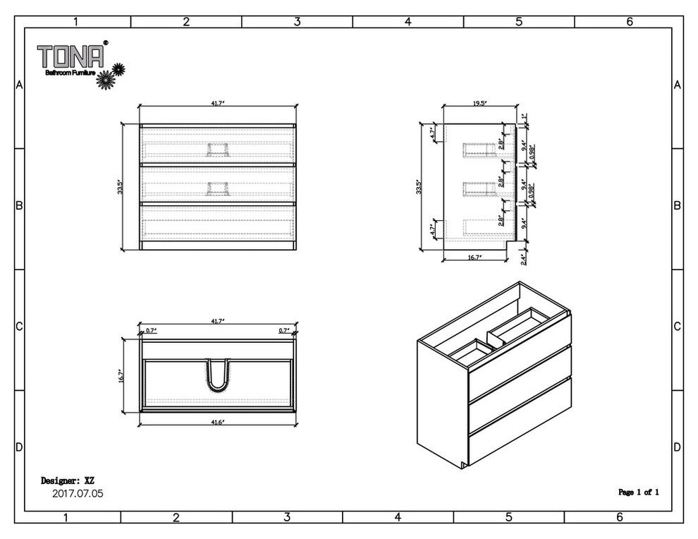 Moa Bathroom Vanity With 3 Drawers and Acrylic Sink, Gloss White, 42"