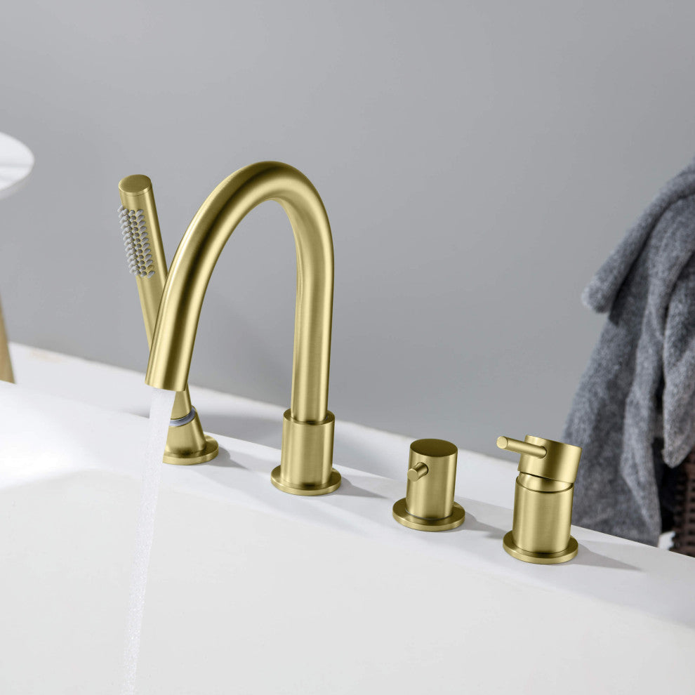 Circular Deck Mounted Bathtub Faucet With Hand Shower, Brushed Gold