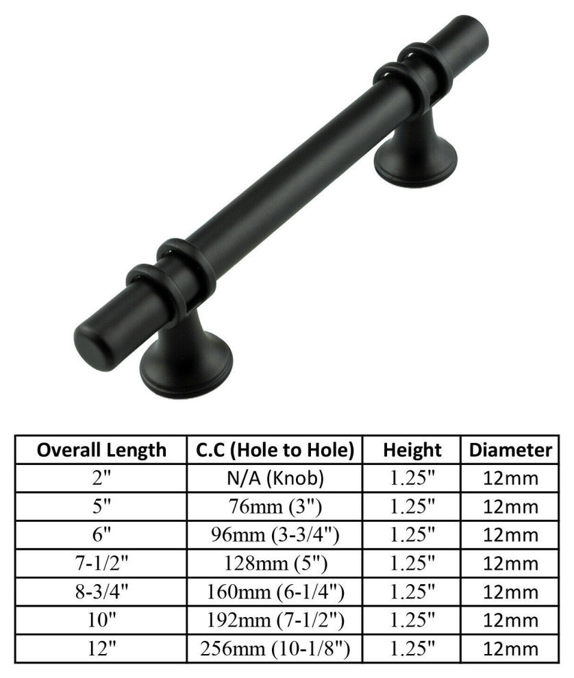Matte Black T Bar Handle Pull 3-3/4" (96mm) Hole Centers, 6" Overall Length