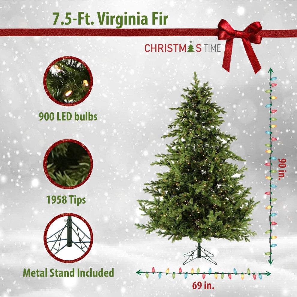 7.5' Virginia Fir Christmas Tree With Multi-Color LED String Lighting